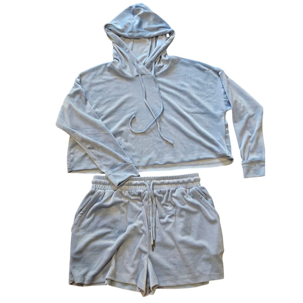 Altar'd state womens XL velour crop hoodie shorts track suit set baby blue y2k